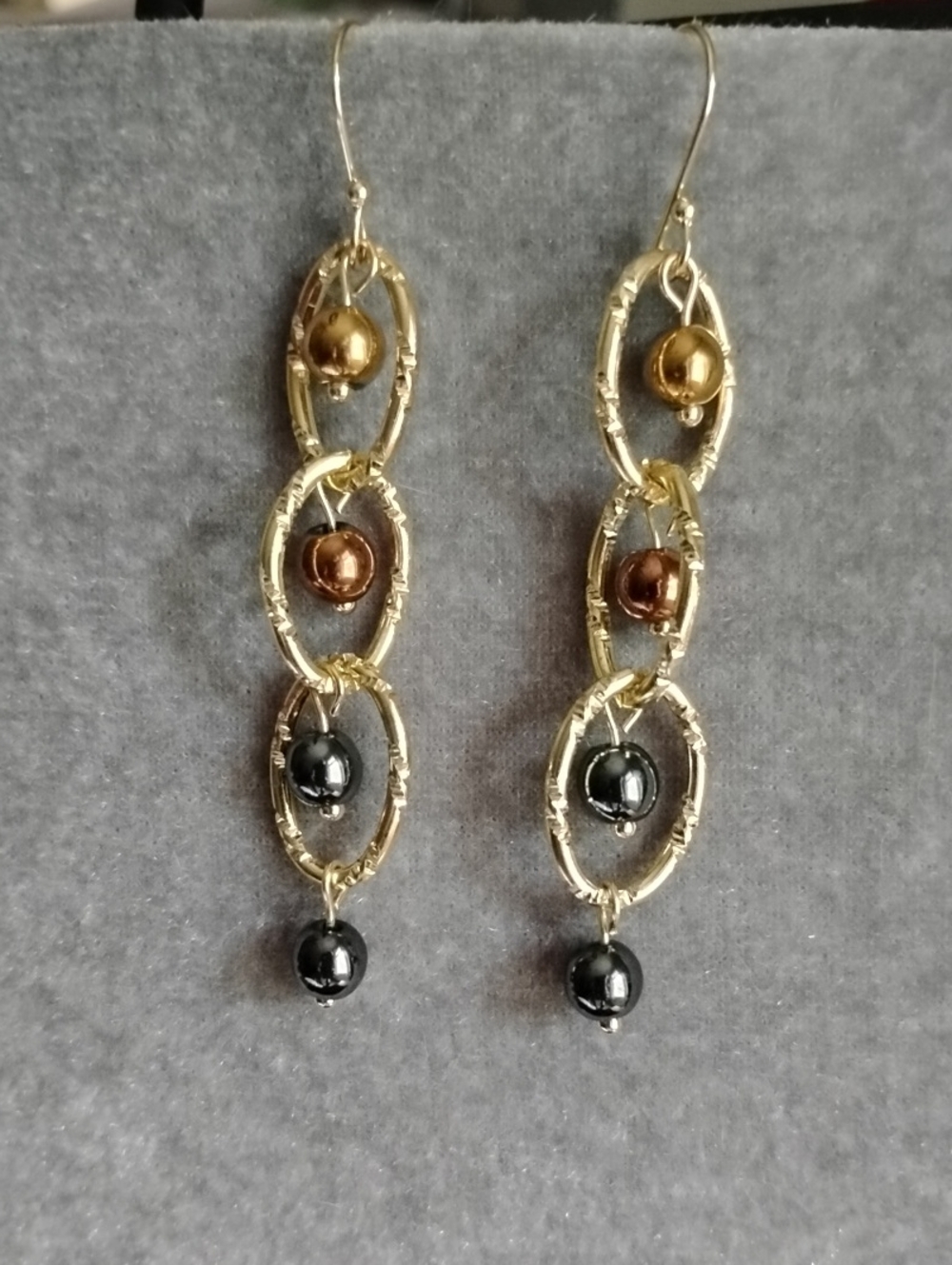 Hand Crafted Gold-Tone Copper And Black Bead Dangle Earrings